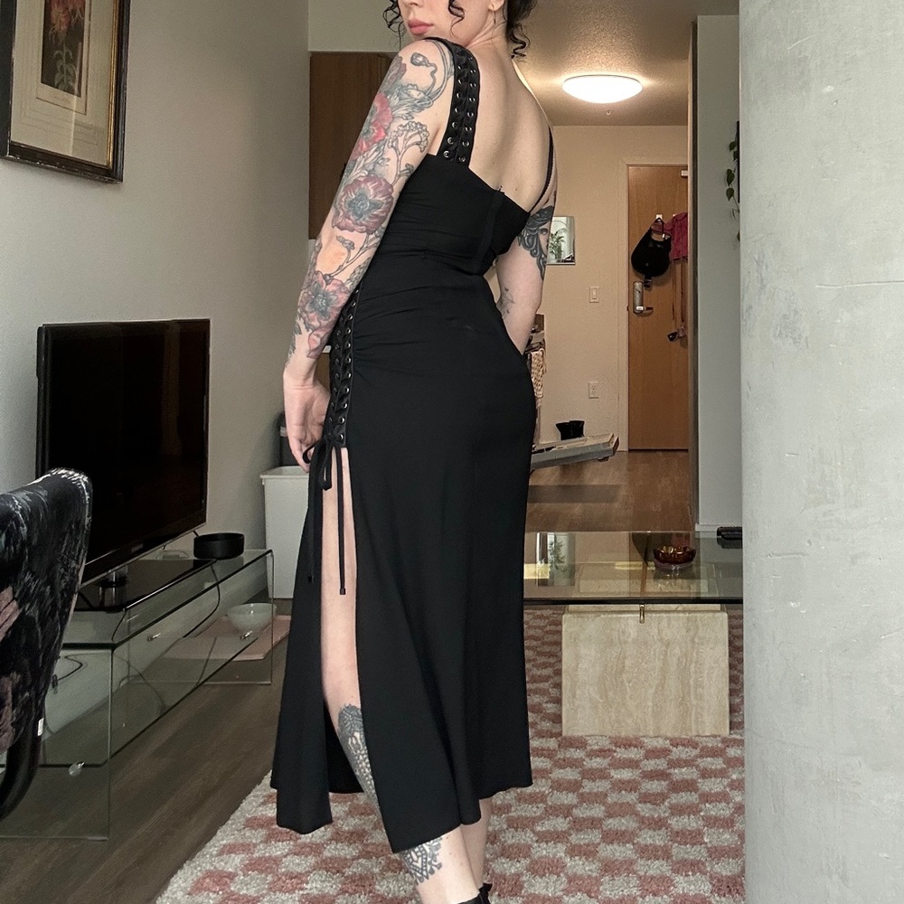 Dolce and gabbana lace up with eyelets gathered mid length long dress slit black